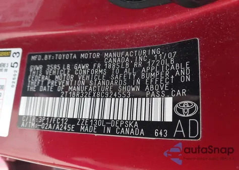 2008 Toyota Corolla S из США, поврежденный, VIN 2T1BR32EX8C924553